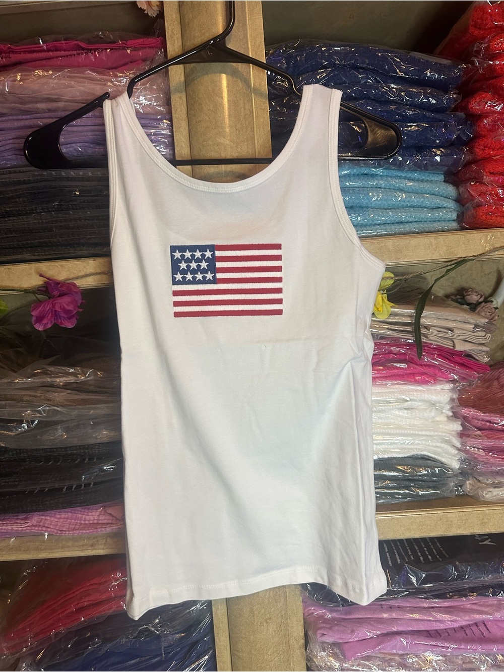 Zenana Outfitters White Tank Top with American Flag Graphic